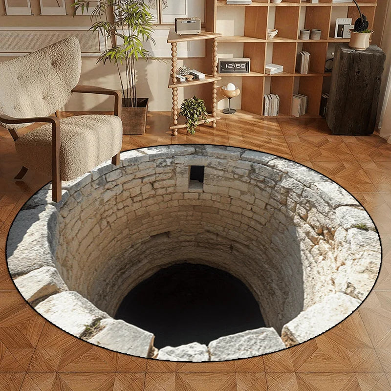 Stone Well Illusion Round Rug Flannel Unique Home Decor Living Room Floor Art Optical Illusion Design Conversation Starter Piece