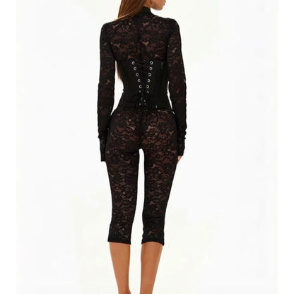 FAGADOER Sexy Lace See Through Corset Jumpsuit Women Hollowed-out Long Sleeve Bodycon Capri Pants Clubwear Night Party Outfit