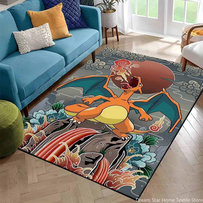 Japanese Anime Pokemon Card Retro Charizard Area Carpet for Living Room Home Decor Sofa Table Rug Anti Slip Chair Floor Mat Gift
