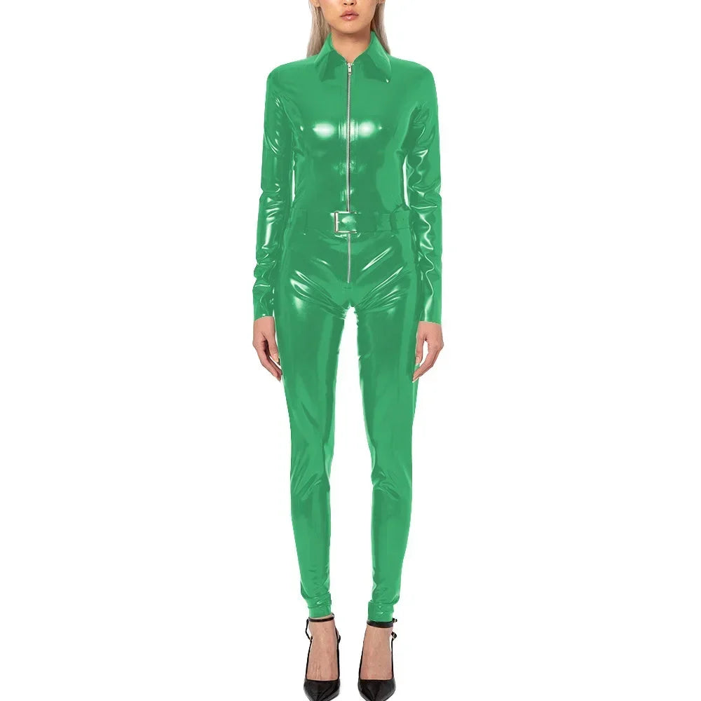 Plus Size Faux Latex Catsuit Elastic PVC Leather Zipper Long Sleeve Jumpsuit Tight Sexy Cosplay Rompers Ankle-length Club Zentai
