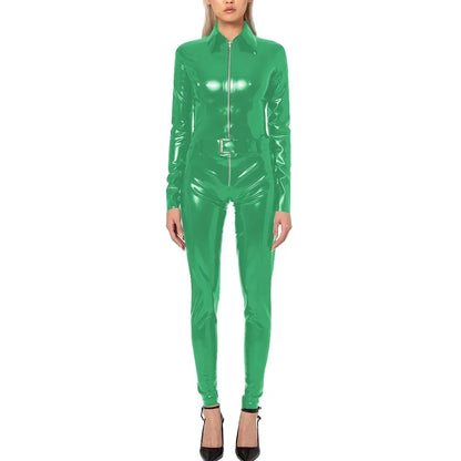 Plus Size Faux Latex Catsuit Elastic PVC Leather Zipper Long Sleeve Jumpsuit Tight Sexy Cosplay Rompers Ankle-length Club Zentai