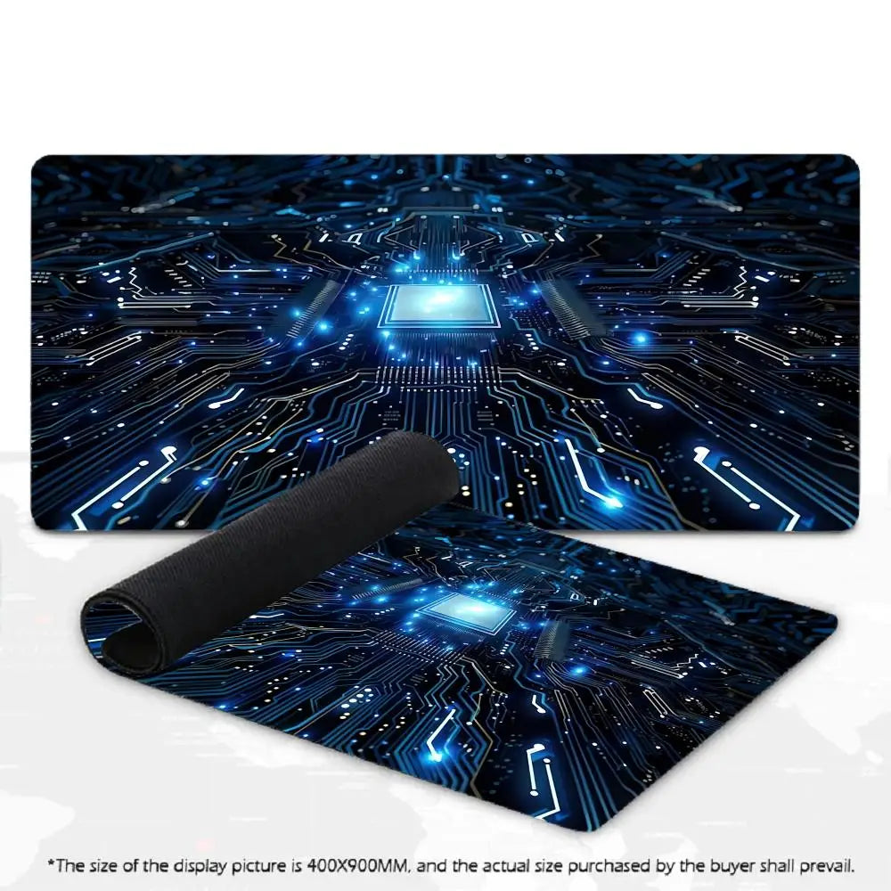 Large Gaming Mouse Pad Futuristic Tech Circuit Board Neon Chip XXL Non-Slip Rubber Keyboard Deskmat Electronic Office Table Mat