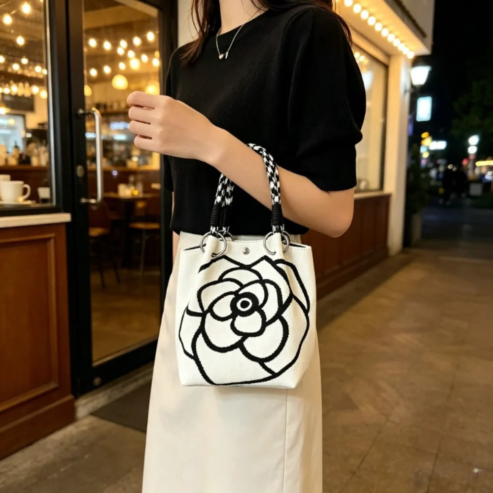 1Pc Women Mini Canvas Handbag with Black Camellia Pattern, Checkered Woven Handle Small Bucket Tote Bag, Fashion Lightweight Portable Top Handle Purse for Daily Shopping Coffee Date Travel