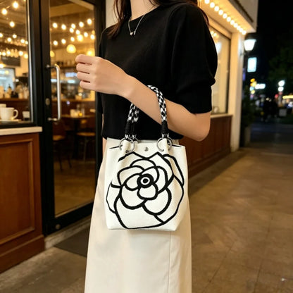 1Pc Women Mini Canvas Handbag with Black Camellia Pattern, Checkered Woven Handle Small Bucket Tote Bag, Fashion Lightweight Portable Top Handle Purse for Daily Shopping Coffee Date Travel