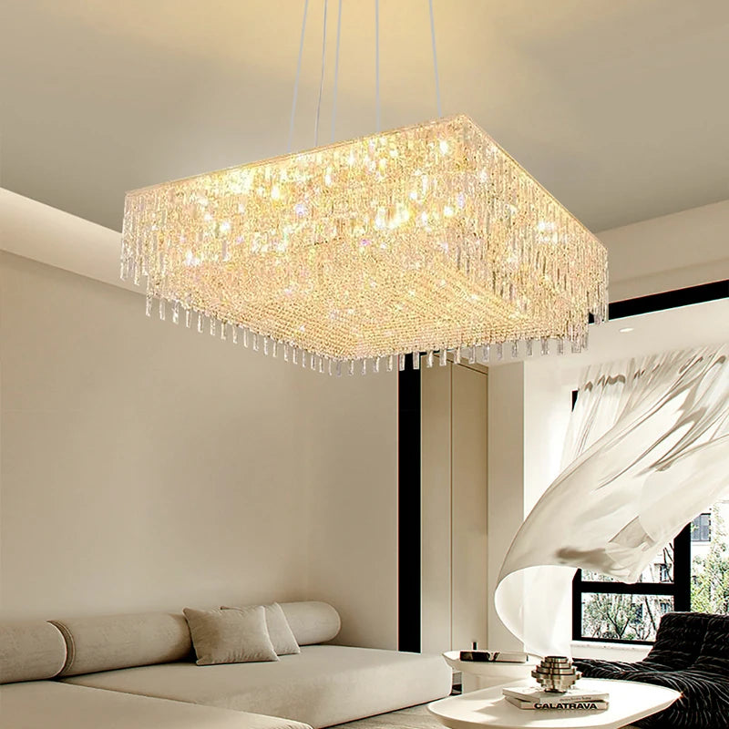 Luxury Crystal Long Pendant Lights Modern Lustres LED Chrome Hanging Lamps for Ceiling Silver Home Decor for Dining Room Remote