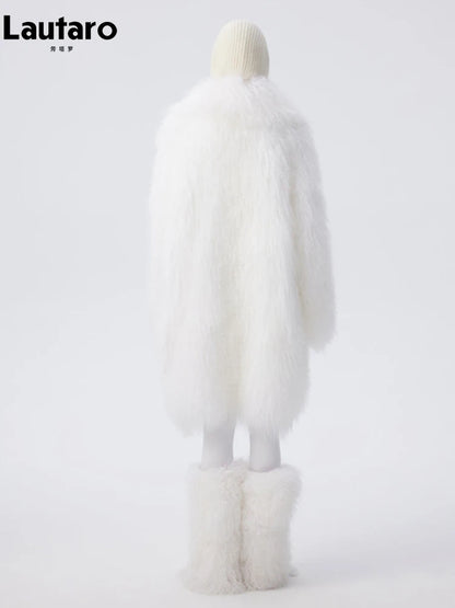 Lautaro Autumn Winter Long Oversized White Thick Warm Soft Faux Fur Coat Women Loose Stylish Luxury Fluffy Overcoat Streetwear