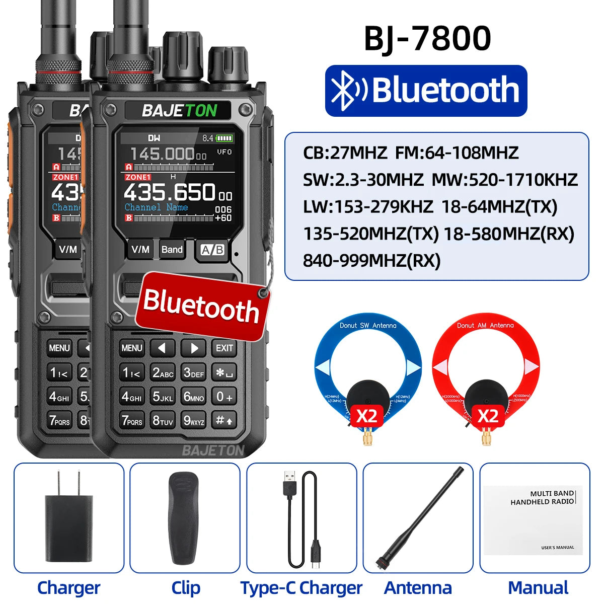 2PCS BAJETON BJ-7800 Walkie Talkie NOAA Long Range SW MW LW AM SSB CB Receive Wireless Bluetooth Phone Programming Two Way Radio