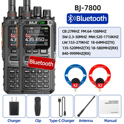2PCS BAJETON BJ-7800 Walkie Talkie NOAA Long Range SW MW LW AM SSB CB Receive Wireless Bluetooth Phone Programming Two Way Radio