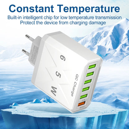 6 Ports USB Charger Fast Charging QC3.0 Travel Charger For iPhone17 16 Samsung Xiaomi Vivo Mobile Phone Adapter EU US UK Plug