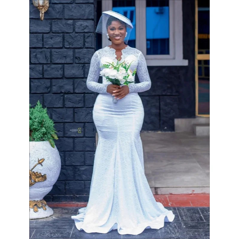Custom New Women's Long Sleeves White Retro Elegant African Style Mermaid Wedding Dress Satin Lace Decoration Vestido De Novia
