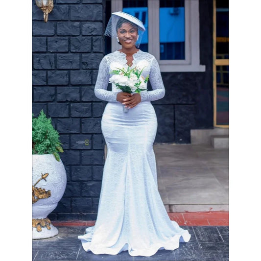 Custom New Women's Long Sleeves White Retro Elegant African Style Mermaid Wedding Dress Satin Lace Decoration Vestido De Novia