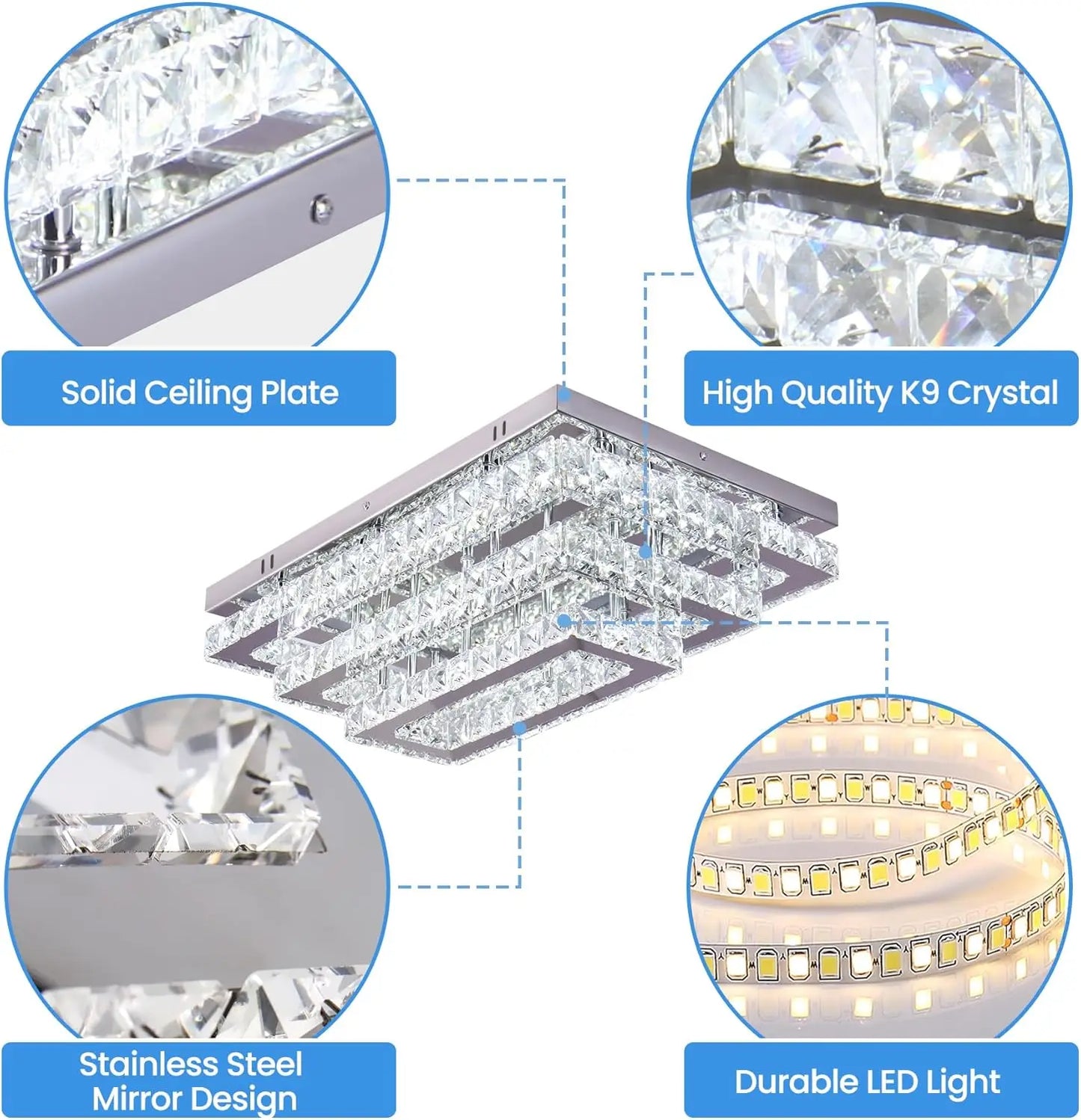 Modern Crystal LED Ceiling Light Fixture 20” Rectangular Flush Mount Chandelier Ceiling Lights 3-Tiers Stainless Steel Ceiling L