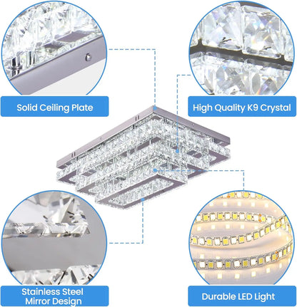 Modern Crystal LED Ceiling Light Fixture 20” Rectangular Flush Mount Chandelier Ceiling Lights 3-Tiers Stainless Steel Ceiling L