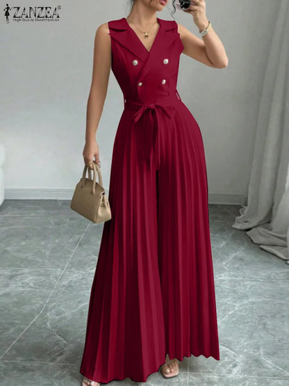 Fashion Women Jumpsuits 2026 ZANZEA Summer Rompers Elegant Wide Leg Work OL Overalls V Neck Sleeveless Pleated Playsuit Trousers