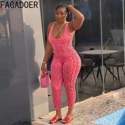 FAGADOER Y2K Sexy Leopard Print Bodycon Jumpsuit Women Halter Sleeveless Deep V Backless Long Romper Streetwear Club Night Party