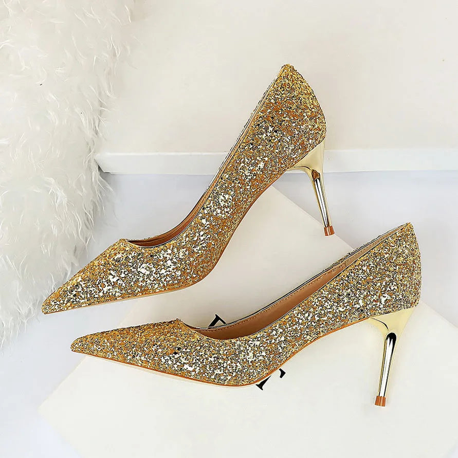 Women 7cm 9.5cm High Heels Pumps Wedding Bridal Scarpins Sparkly Mid Heels Lady Party Sequins Glitter Evening Gold Silver Shoes