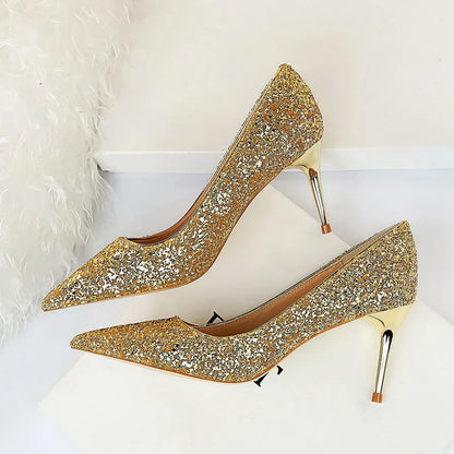 Women 7cm 9.5cm High Heels Pumps Wedding Bridal Scarpins Sparkly Mid Heels Lady Party Sequins Glitter Evening Gold Silver Shoes