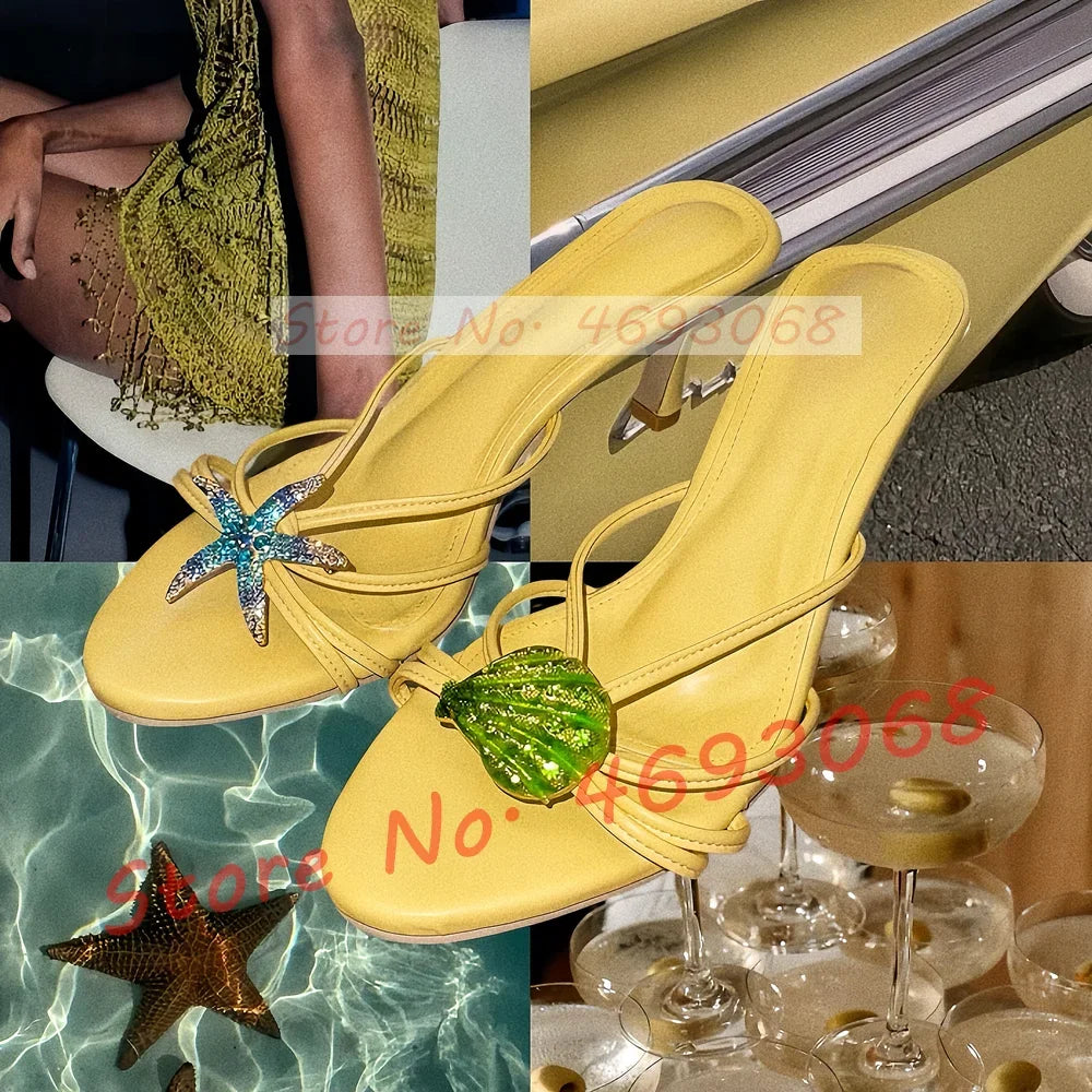 Rhinestone Shell Crab Decal Heeled Mules Women Elegant Beach Shallow High Heels Shoes Luxury Bling Cross Strap Fashion Slippers