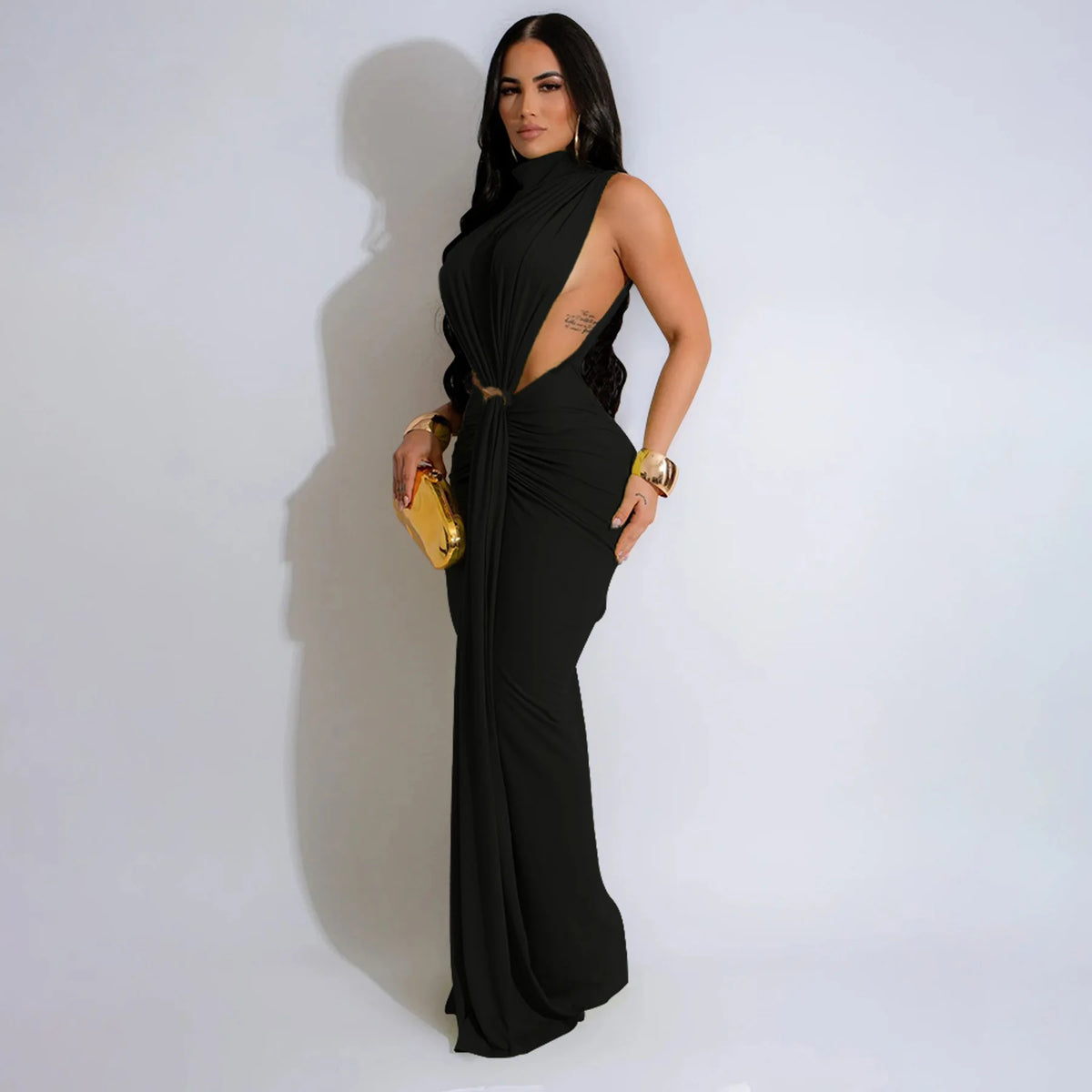CM.YAYA Women O-neck High Split Ruched Stacked Bodycon Midi Maxi Dress 2024 Evening Party Club Vestidos Sexy Chic Long Dresses