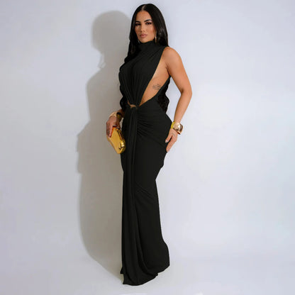 CM.YAYA Women O-neck High Split Ruched Stacked Bodycon Midi Maxi Dress 2024 Evening Party Club Vestidos Sexy Chic Long Dresses
