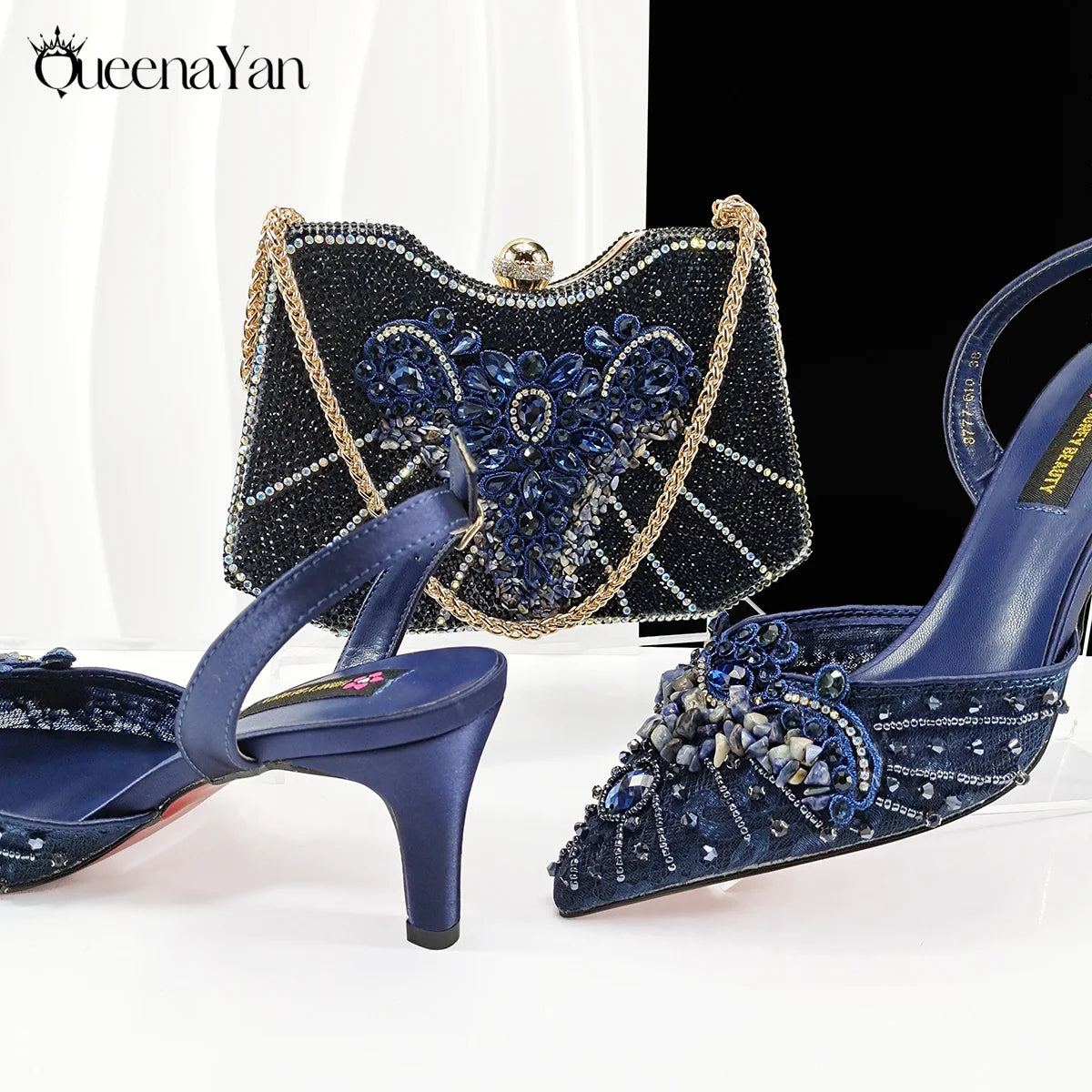 Queena Yan New Arrival Purple Color Rhinestone Decoration Design Party Wedding Lady Pointed Toe High Heels and Bag Set