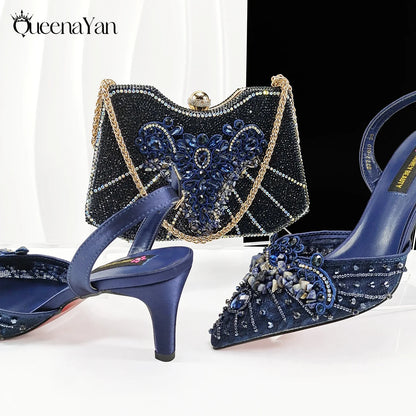 Queena Yan New Arrival Purple Color Rhinestone Decoration Design Party Wedding Lady Pointed Toe High Heels and Bag Set