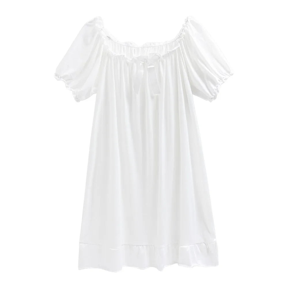 Casual Bowknot Women's Pajama Dress Short Sleeve Loose Ruffle Nightdress Home Wear Sleepwear Princess Nightgown Female