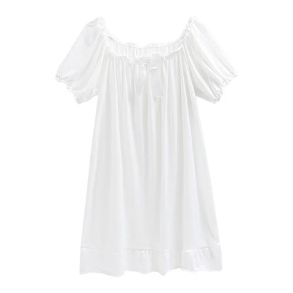 Casual Bowknot Women's Pajama Dress Short Sleeve Loose Ruffle Nightdress Home Wear Sleepwear Princess Nightgown Female