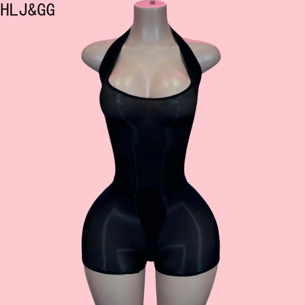 HLJ&GG Sexy Mesh See Though Halter Bodycon One Piece Rompers Women Sleeveless Backless Slim Jumpsuits Fashion Stretchy Overalls