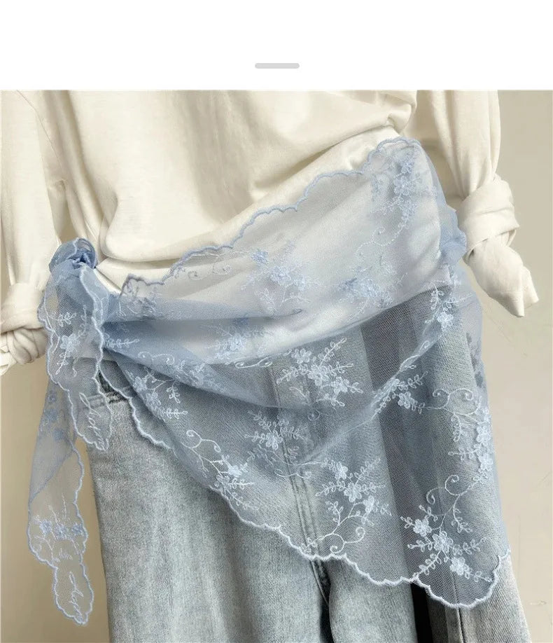 Lace Embroidered Silk Scarf Women's Long Neck Versatile Triangle Decorative Headscarf Korean Version Literary Yarn Shawl