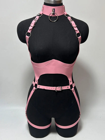 Women Fashion Punk Style Faux Leather Full Body Harness Belt, Garter Belt Set,Gothic Collocation Costume Accessories