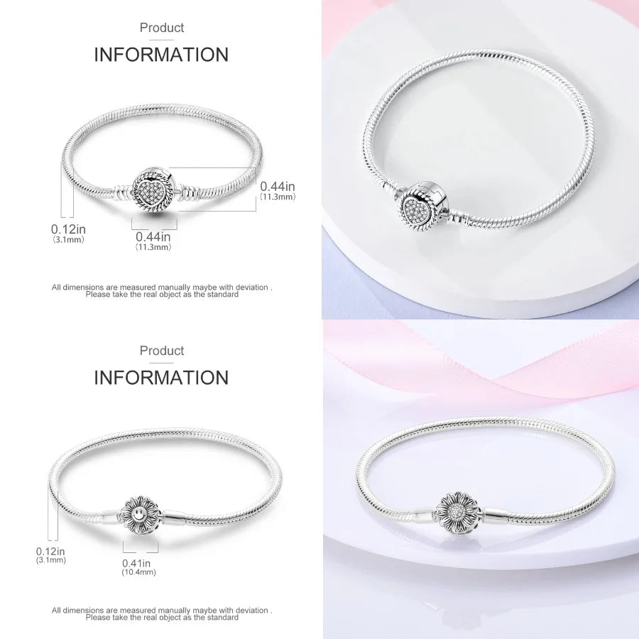 Silver 925 Bracelet Original Bracelets Colorful Zircon Heart Flower Cat Snake Chain For DIY Charms 17-20CM Luxury Jewelry Gifts