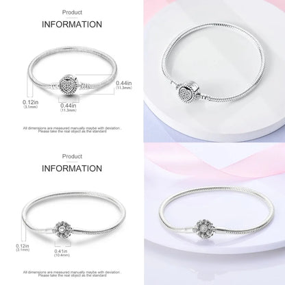 Silver 925 Bracelet Original Bracelets Colorful Zircon Heart Flower Cat Snake Chain For DIY Charms 17-20CM Luxury Jewelry Gifts