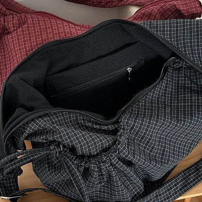 Retro Plaid Hobos Messenger Bags for Women Drawstring Pocket Nylon Dumpling Bag Large Capacity Portable Travel Shoulder Bags