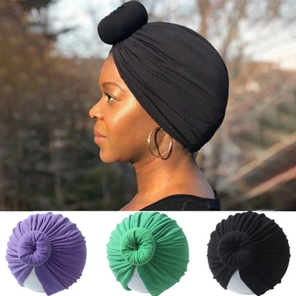 Soft Cotton Women Turban Hat Donut Knot Headwrap Solid Color Muslim Hijab Cap Fashion Headwear Stretchy Beanie Ladies Hat New