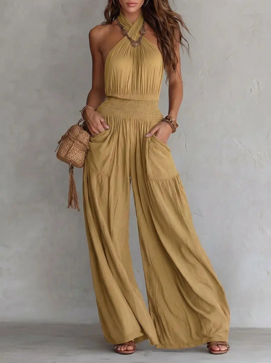 Retro Solid Women's Loose Wide Leg Jumpsuit Fashion Neck Hanging Design Sexy Backless Romper With Pocket Ladies Office Jumpsuits