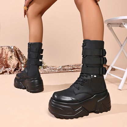 Punk Style Thick Bottom Women's Black Short Boots Side Zip Buckle Straps Platform Shoes for Women Zapatos De Mujer Size 35-42