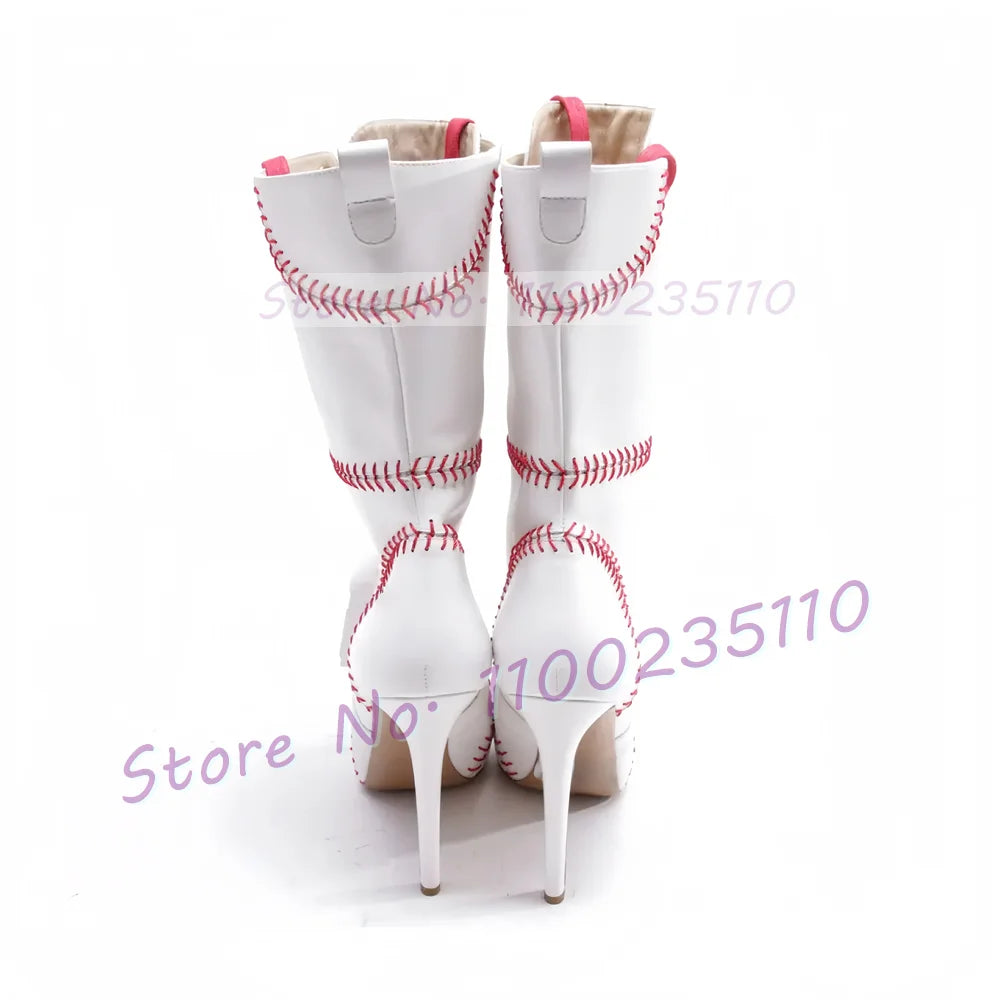 Baseball Sewing Design Stiletto Ankle Boots Women Round Toe Stylish White High Heel Boots Two Tone Splicing Cross Tied Shoes