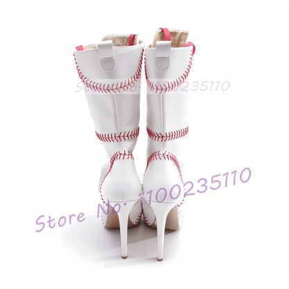 Baseball Sewing Design Stiletto Ankle Boots Women Round Toe Stylish White High Heel Boots Two Tone Splicing Cross Tied Shoes
