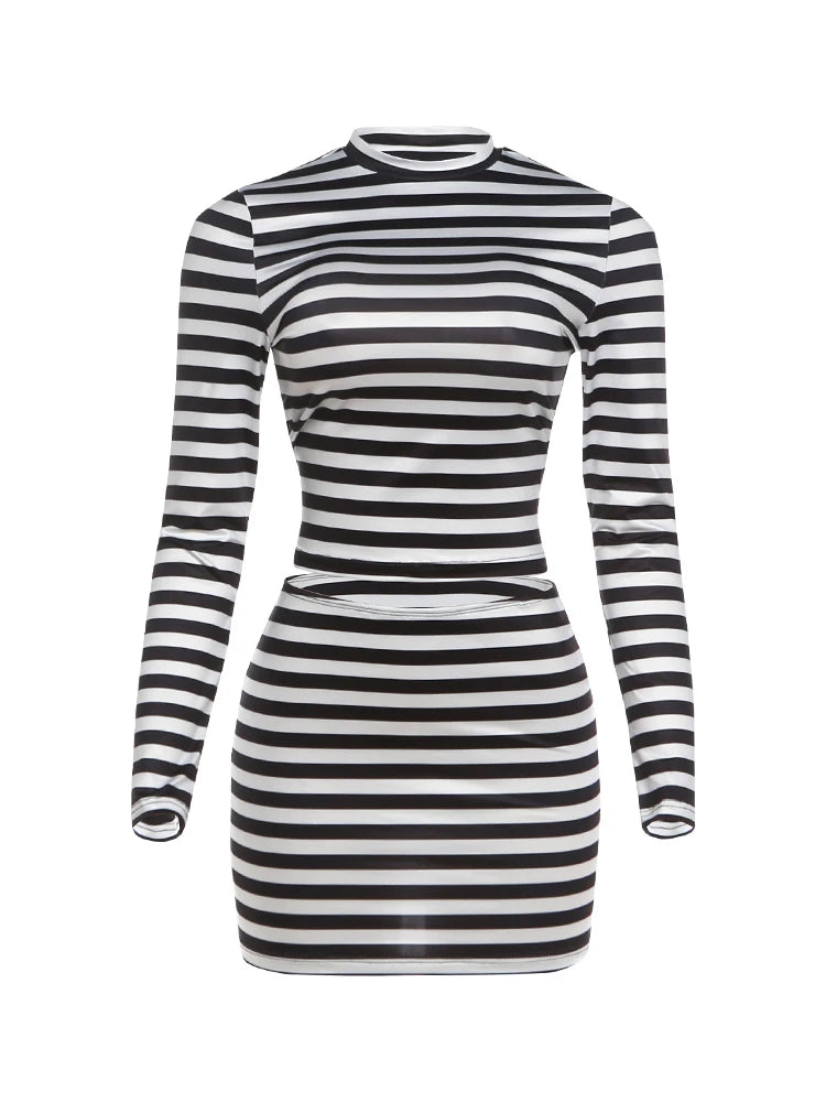 Weird Puss Striped Print 2-Piece Set Women O-Neck Full Sleeve Crop Tops+Mini Simple Skirt Spring Trend Skinny Classic Party Suit