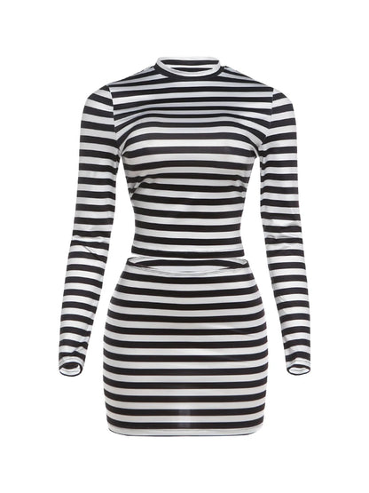 Weird Puss Striped Print 2-Piece Set Women O-Neck Full Sleeve Crop Tops+Mini Simple Skirt Spring Trend Skinny Classic Party Suit