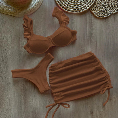 Solid Wavy Fabric Low Waist Bikini Set Cover Up Swimsuit For Women Push Up Ruffle Three Pieces Swimwear 2026 Beach Bathing Suits
