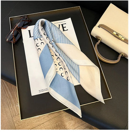 100% Natural Mulberry Silk Square Scarf 53x53cm Blue White Moon Print Women Neck Scarf Headband Bag Scarf Elegant Gift