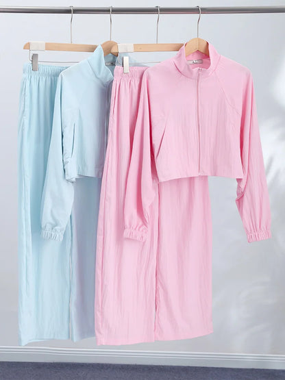 Stand Collar Thin Cropped Coats Pants Suits Women Street Lantern Long Sleeve Zipper Loose Tops Drawstring Wide Leg Trousers Sets