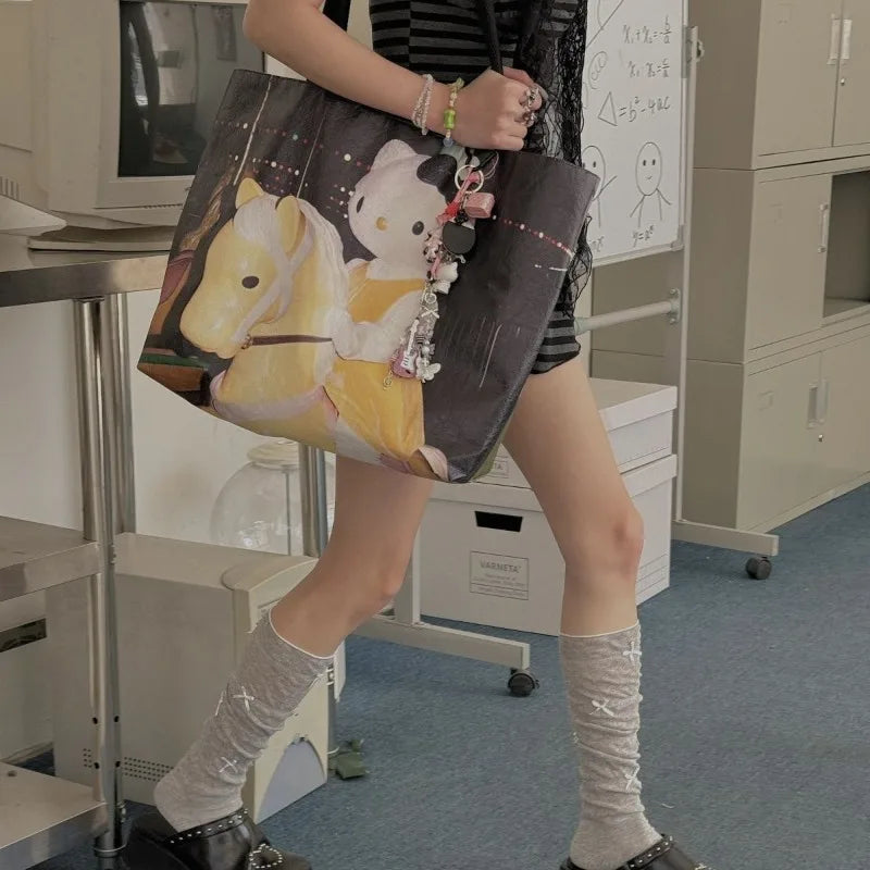 Y2k Hello Kitty Print Handbag Non-woven Fabric Creative Light-weight Shoulder Bag Large Capacity Leisure Shopping Bag for Women