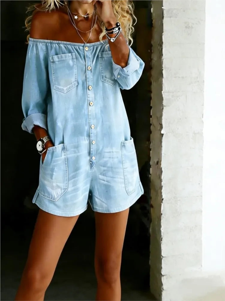 Summer Sexy Off-Shoulder Denim Jumpsuit Fashion Long Sleeve Button Rompers Casual Loose Vacation Women's Jumpsuit (With Pockets)