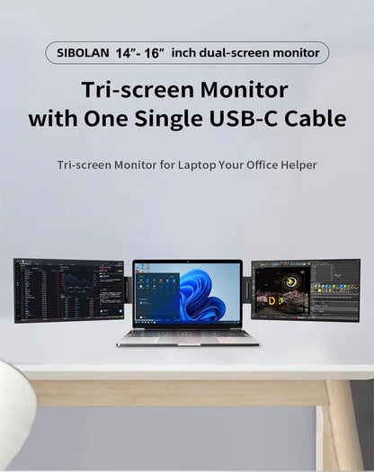 SIBOLAN 16" 2.5k Portable Dual Laptop Monitor 14" Optional 16:10 HDR 2560*1600P UHD Triple Folding Display for Laptop Windows