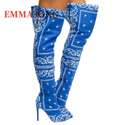 Autumn Winter Women Thigh High Boots Bandana Prints Bad Girl Heels Shoes Pointy Toe Silk Stiletto Botas Altas Mujer Size 35-44