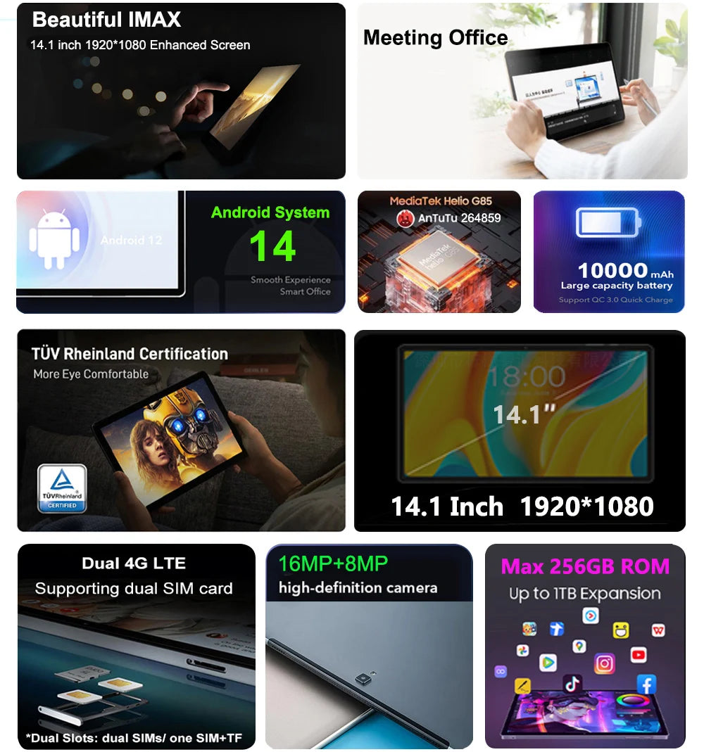 Global Version Real 14.1 inch Large Screen Tablet 256GB ROM Android 14 4G LTE 5G WiFi Tablets 14inch Планшет Laptop PAD 태블릿