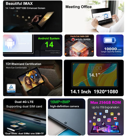 Global Version Real 14.1 inch Large Screen Tablet 256GB ROM Android 14 4G LTE 5G WiFi Tablets 14inch Планшет Laptop PAD 태블릿